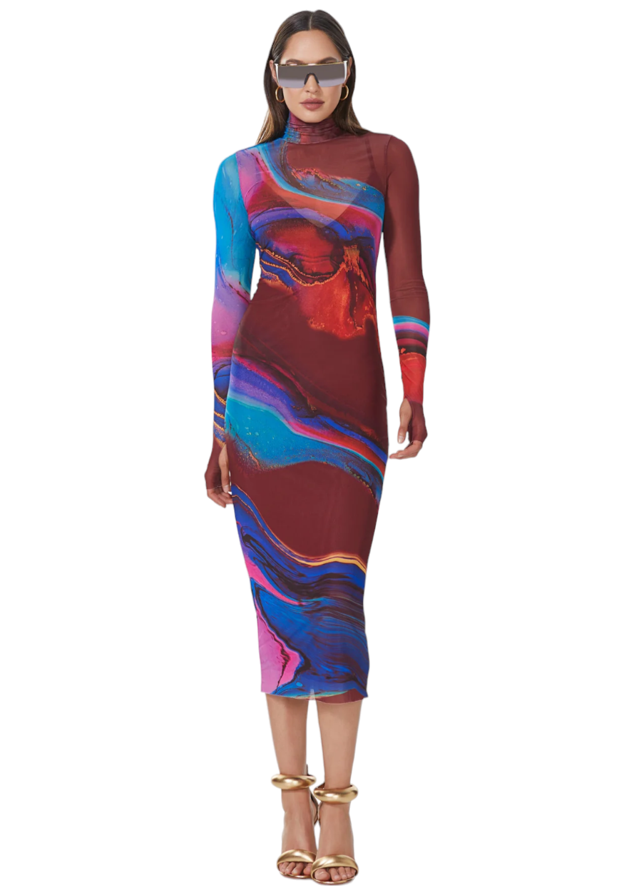 The AFRM Shailene dress features an ocean marble print, fitted silhouette, and thumbhole detail in a mesh fabrication.