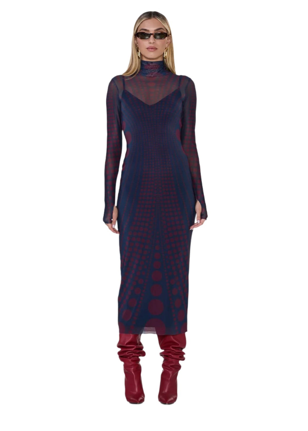 The Shailene dress by AFRM features a navy illusion print, and thumbhole details in a mesh fabrication