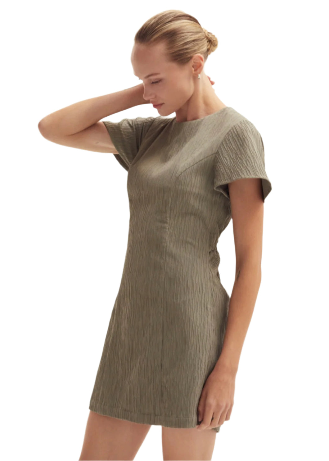 Textured olive green mini dress with open back detail