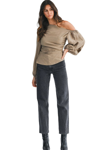 One shoulder blouse with balloon sleeves, ruching detail, and invisible side zipper