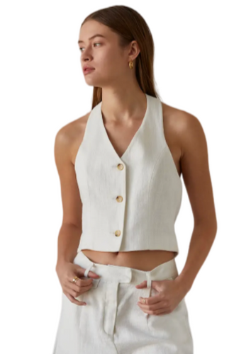Ivory linen vest with halter neckline and button closure