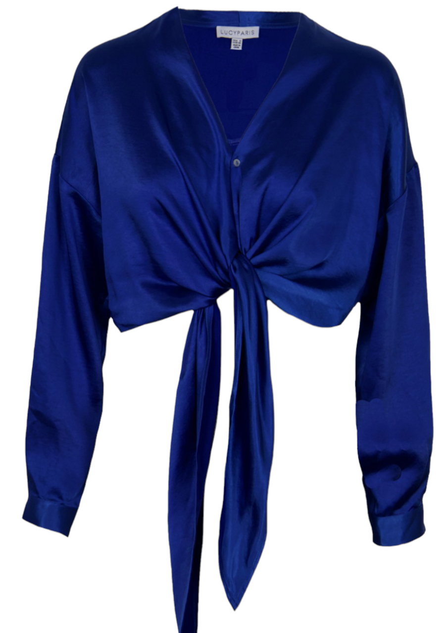 Blue satin top with front tie detail and button closure