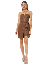 Load image into Gallery viewer, The Kalila dress features a faux wrap detail, and an envelope hem in chocolate faux leather fabrication.
