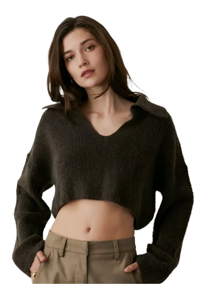 The Carter Sweater features a plush waffle knit texture and cropped hem in espresso