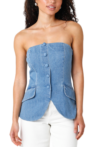 The Kira Denim Top features a faux button down detail with back vent and invisible side zipper