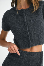 Load image into Gallery viewer, Dark gray button down cardigan in a textured fabrication with a cropped fit.
