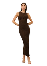 Load image into Gallery viewer, The Lainey dress features a fitted silhouette, gathered detail at the bust, and an open back in an espresso textured knit fabrication.
