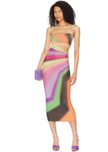 Load image into Gallery viewer, The Konrad Midi Dress by AFRM features a strapless fitted silhouette and asymmetrical side cutouts with a tie closure in a mod stripe print.
