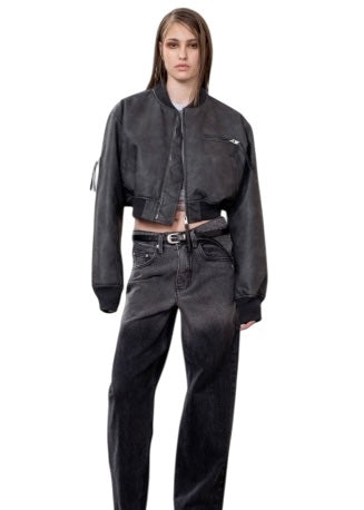 Cropped faux leather bomber jacket in ash 