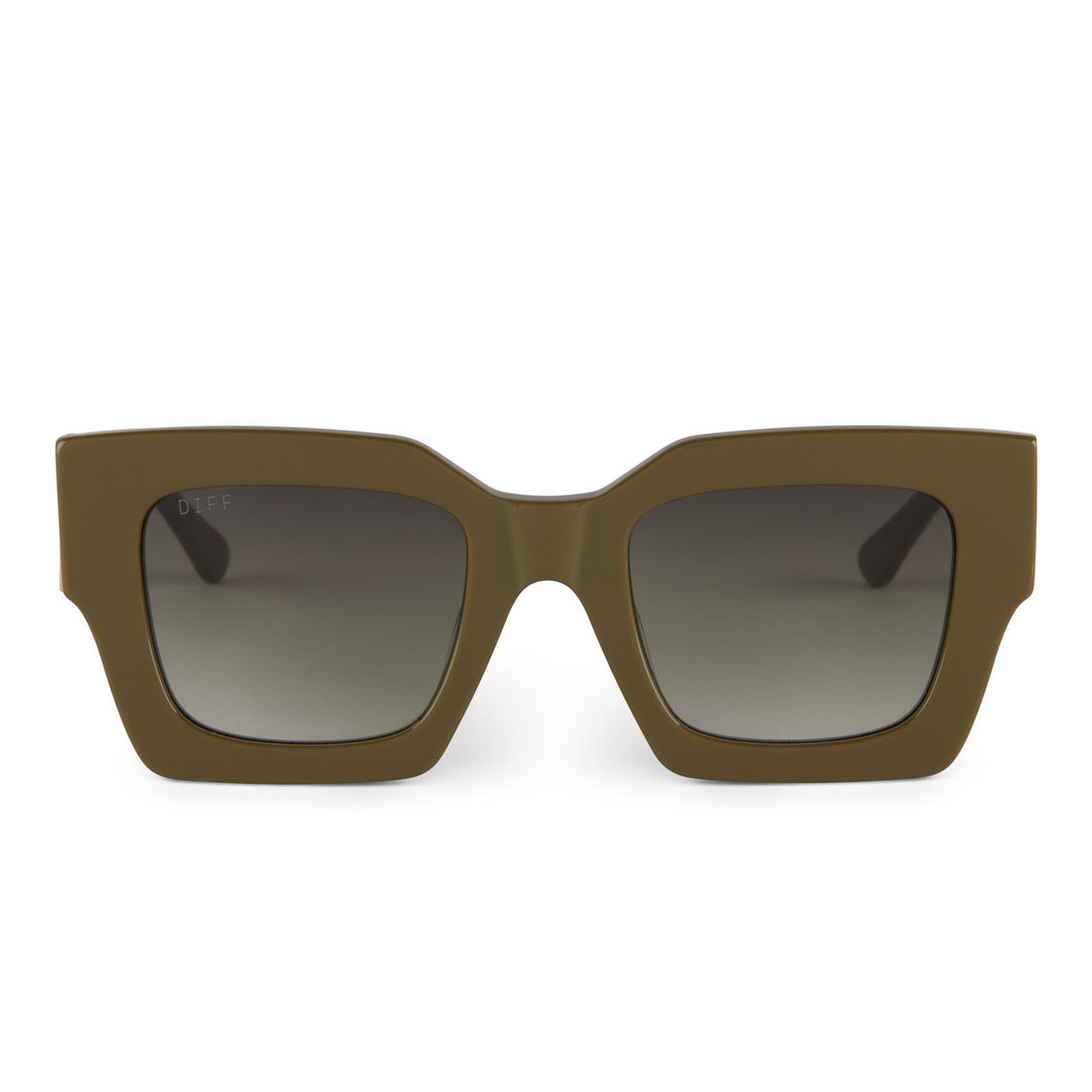 Daniella Python sunglasses in olive green featuring a geometric square shape with polarized lens