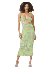 Load image into Gallery viewer, The Shane midi dress features an abstract  lime snake print with a front cut out, twist detail, and corset inspired seaming throughout the bottom.
