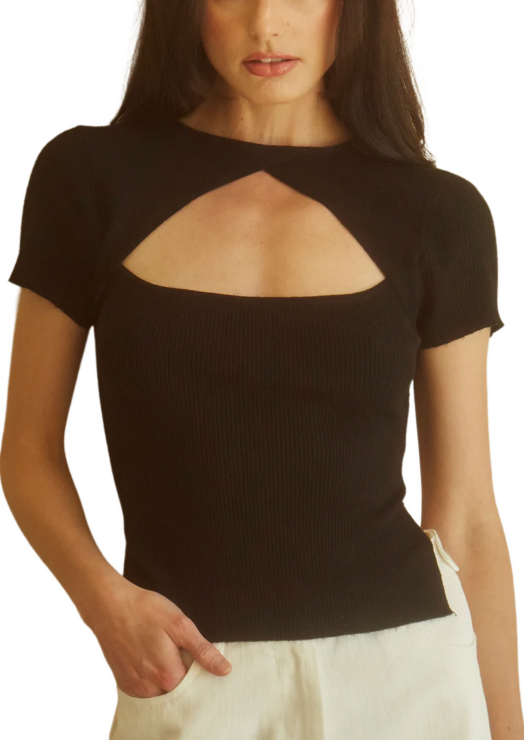 black ribbed shirt with front cut out detail and back tie