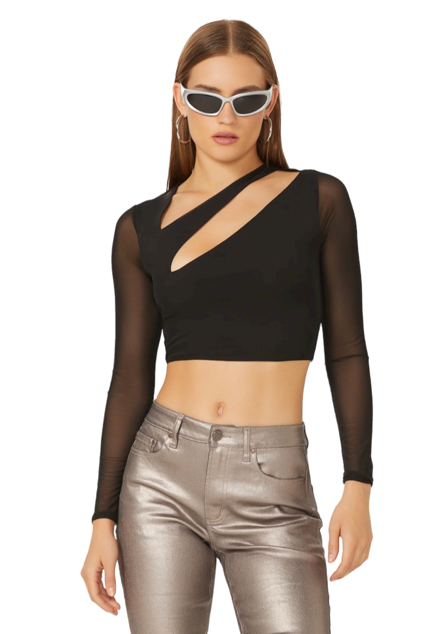 AFRM Cesca top featured in black with sheer mesh sleeves and front cut-out detail