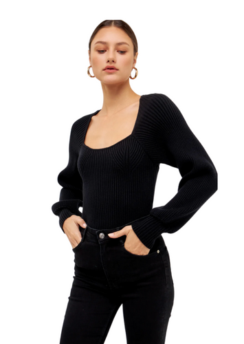 Ribbed knit sweater with a low romantic square neckline and bishop sleeves