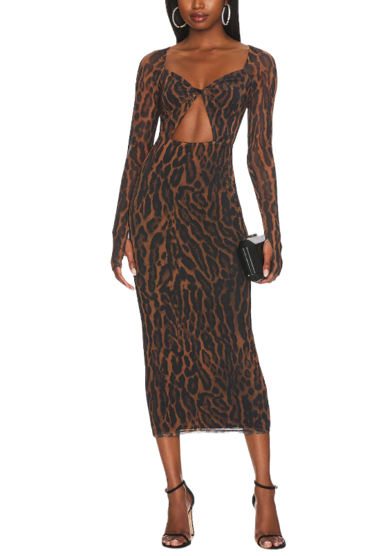 AFRM Maika dress features a twist front with cut-out detail in a beautiful leopard print.