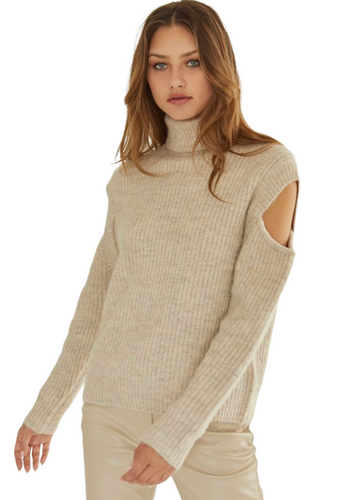 Ribbed cold shoulder sweater in oatmeal